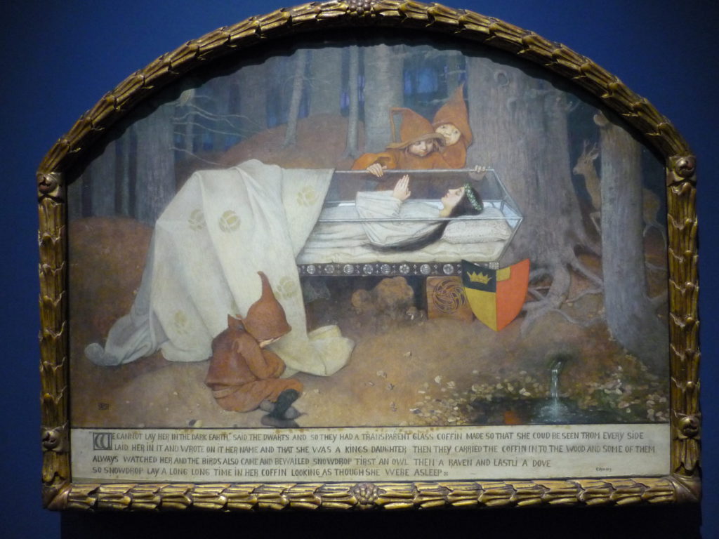 Painting of Snowwhite asleep in a glass case in the forest. Wallraf Museum, Cologne.