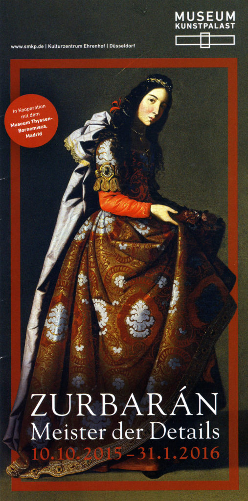 Brochure for Zurbaran exhibit showing painting of woman in red, brocade, dress, long black hair, ivory face and a scratch that symbolizes a halo.