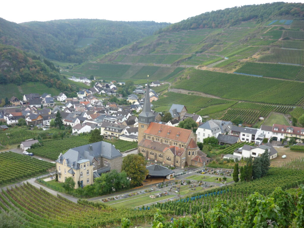 Church and graveyard surrounded by green hills covered with vineyards.