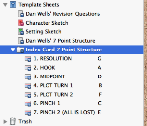 Screen shot of Template Sheets folder in Scrivener's Binder showing location right above Trash.