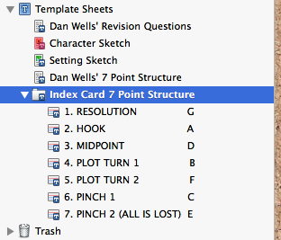 Screen shot of Template Sheets folder in Scrivener's Binder showing location right above Trash. Dan Wells plotting workshop