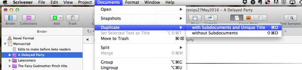 Screen shot of Scrivener menu, Documents--Duplicate--With subdocuments and unique title