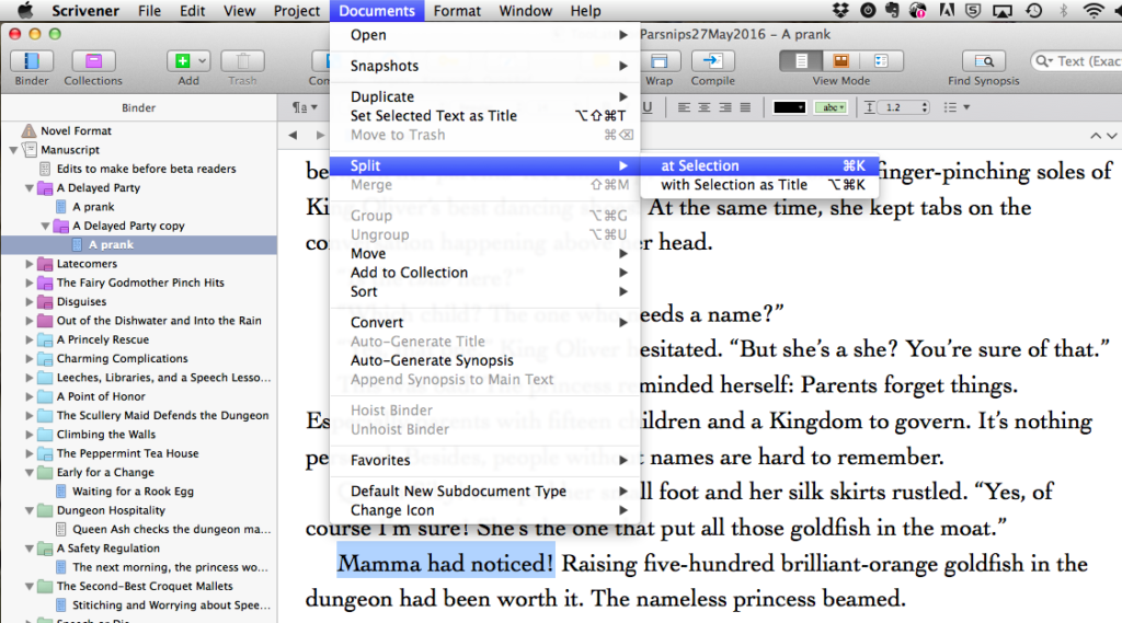 Screenshot of Documents--Split--At selection