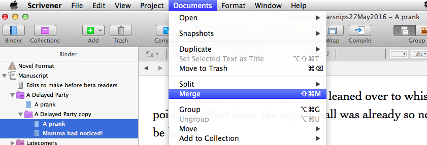 Screenshot of Scrivener Documents--Merge. The selected files on the left are highlighted in blue.