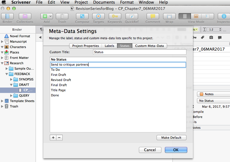 Screenshot of Scrivener's Status dropdown.