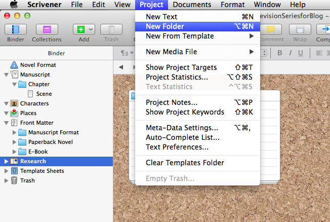 Screenshot of Scrivener showing highlighted Research folder and Project--New Folder drop down menu.