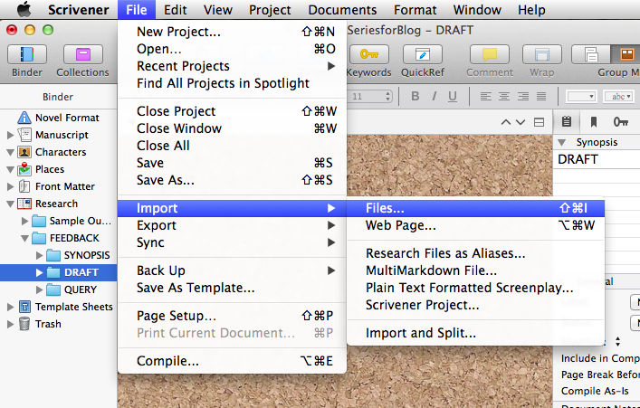 Screenshot of Scrivener File--Import--Files