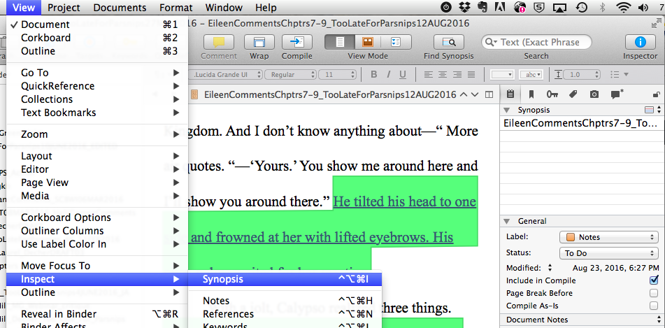 Screenshot of Scrivener's View--Inspector--Synopsis menus