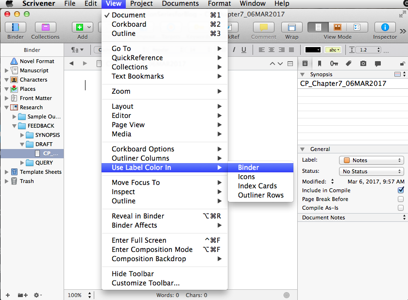 Screenshot of View--Use Label Color in Binder menus