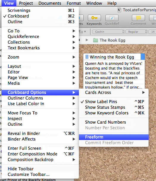 Screenshot of Scrivener--View--Corkboard Options--Freeform option