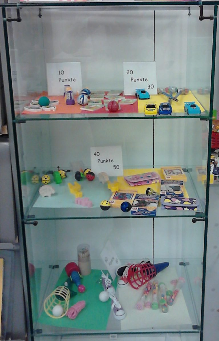 glass case with small toys and points required to earn them