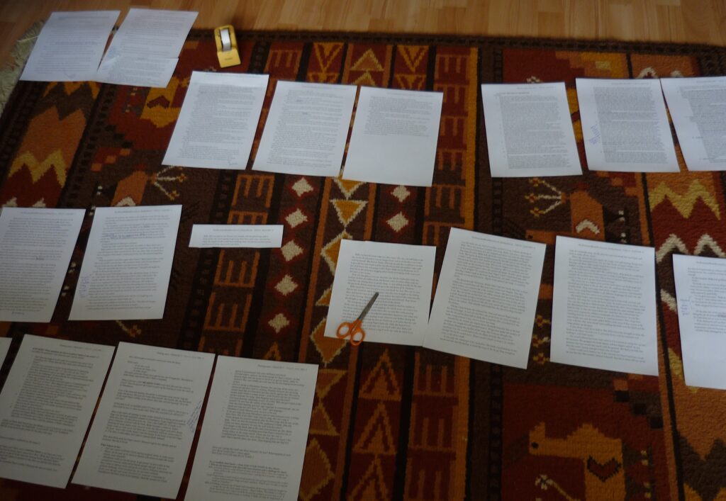 manuscript pages spread out on a carpet