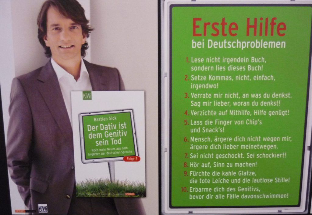author and book cover photo with a bright green list of German grammar tips in entertaining language