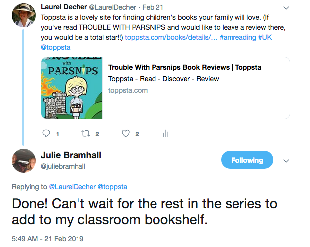 screenshot of Tweet from reviewer in response to my post asking for a review: "Done! Can't wait for the rest in the series to add to my classroom bookshelf."
