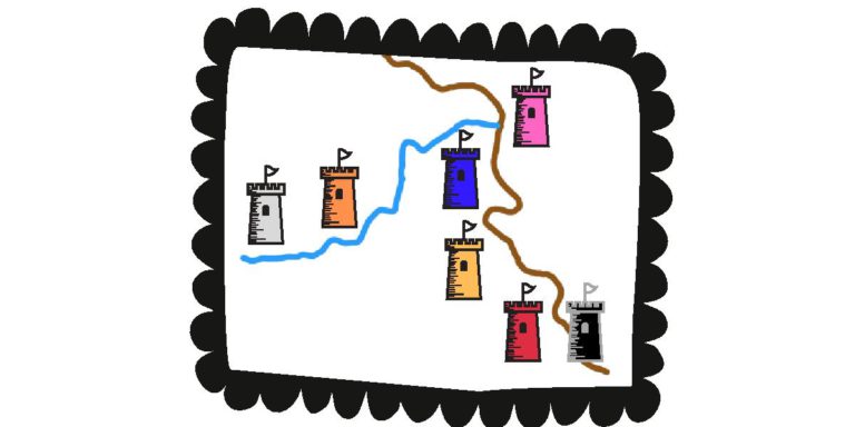 Cartoon drawing of the Seven Kingdoms with locations on Rhine and Mosel Rivers marked by colored towers