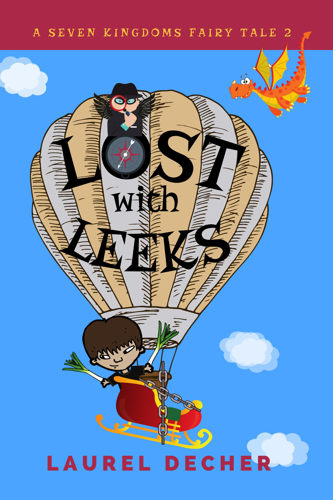book cover showing boy in hot air balloon with leeks and a dragon flying overhead