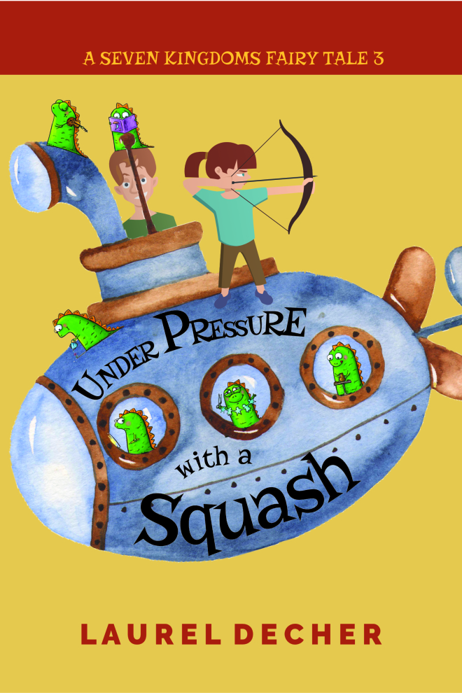 book cover for Under Pressure With a Squash shows twins on top of submarine with baby dragons