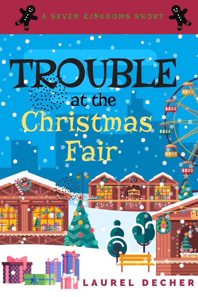 Book cover for bonus story Trouble at the Christmas Fair shows snow on German Christmas market