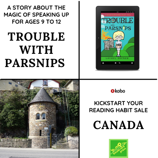 ad for Kobo Canada sale showing Trouble with Parsnips on an ereader and the High Water Tower at Cochem that inspired the Palace Agricultural Library