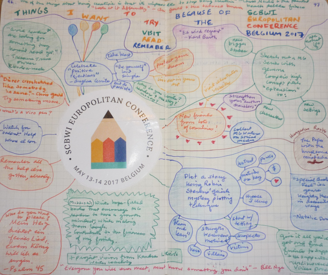 Hand-drawn doodle in pen and colored pencil with the heading 'Things I want to try, visit, read, remember because of the SCBWI Europolitan Conference Belgium 2017'