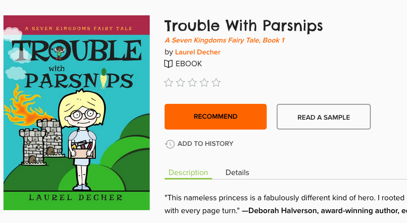 screenshot of Trouble With Parsnips bookcover and Recommend button and Read a Sample button