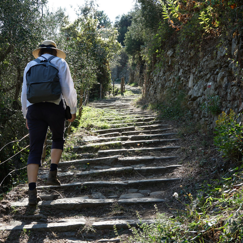 author hiking up stairs