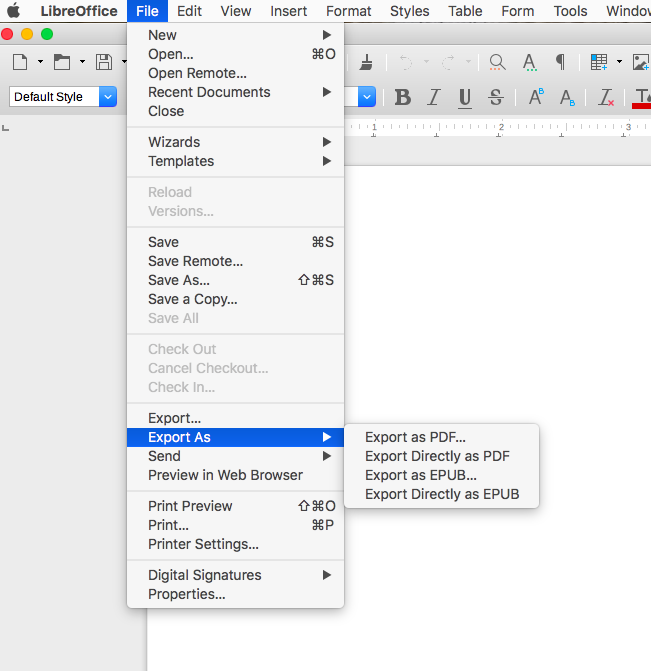 screenshot LibreOffice menu Export as PDF