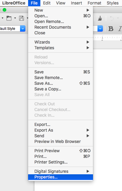 screenshot of LibreOffice dropdown menu Properties