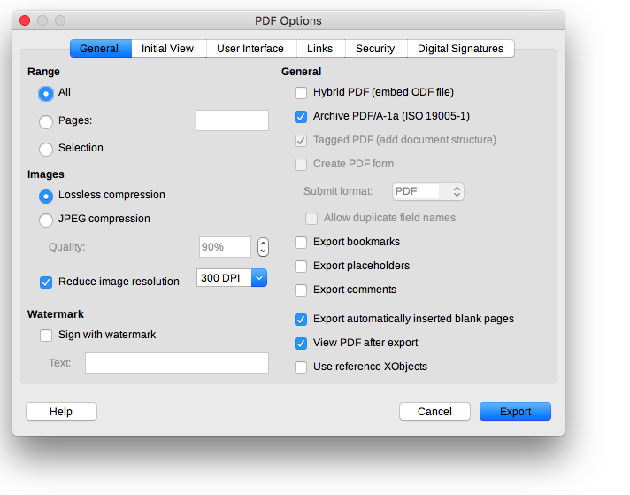 screenshot LibreOffice menu PDF Options