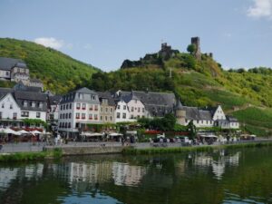 half-timbered houses and ruined castle in charming village of Beilstein