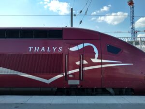 Thalys red train in station