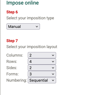 screenshot of manual settings on Impose Online to make tiny book