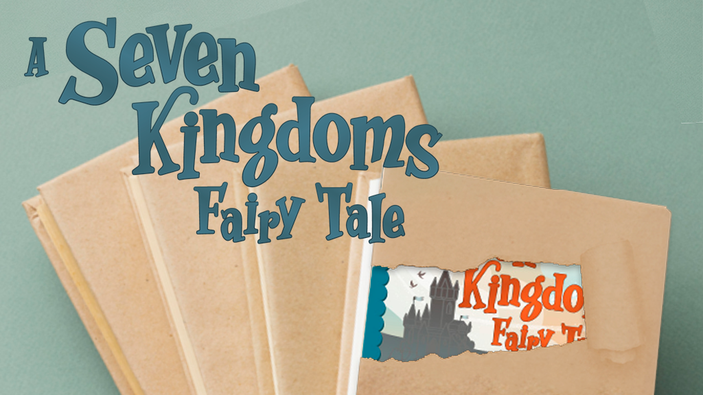 Torn paper reveals a castle and a bit of the Seven Kingdoms Fairy Tale title on a wrapped book