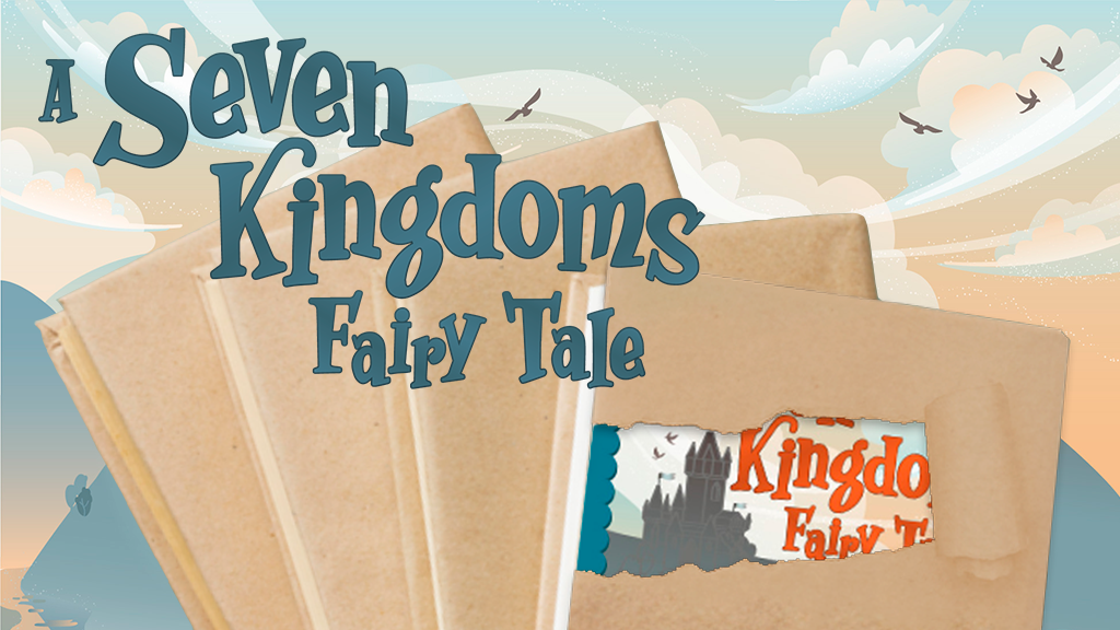 Seven Kingdoms Fairy Tales wrapped in brown paper with sky and clouds behind