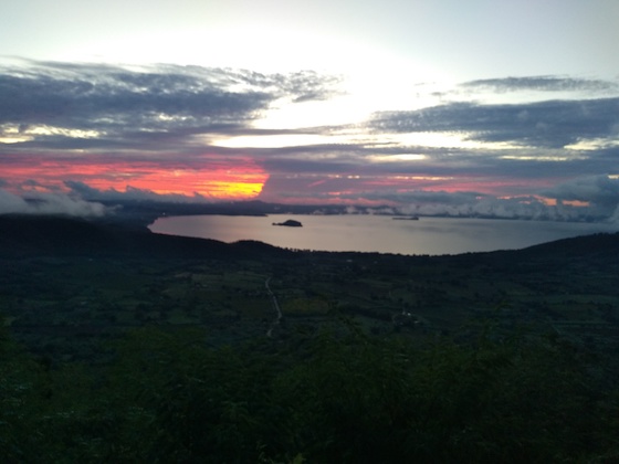 Lake Bolsena with deep red sunset like flames