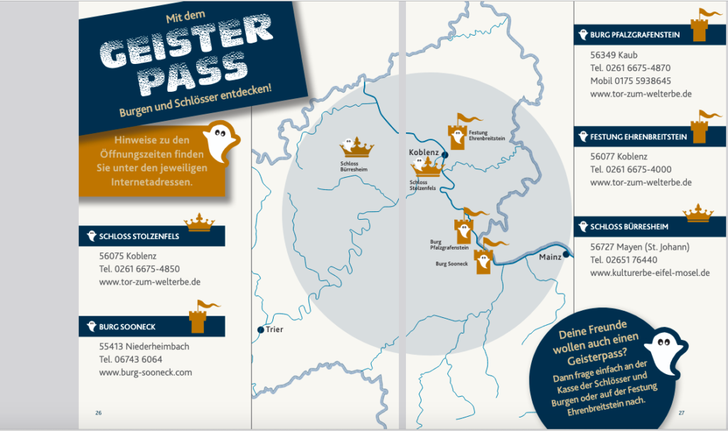 map showing German castles participating in Ghost Passport activity for kids