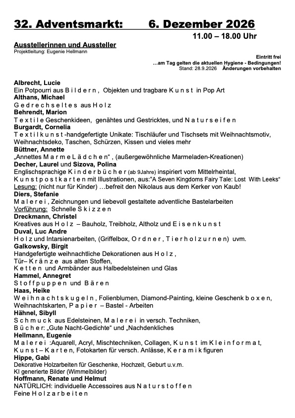 List of participating artists from the Advent Market program